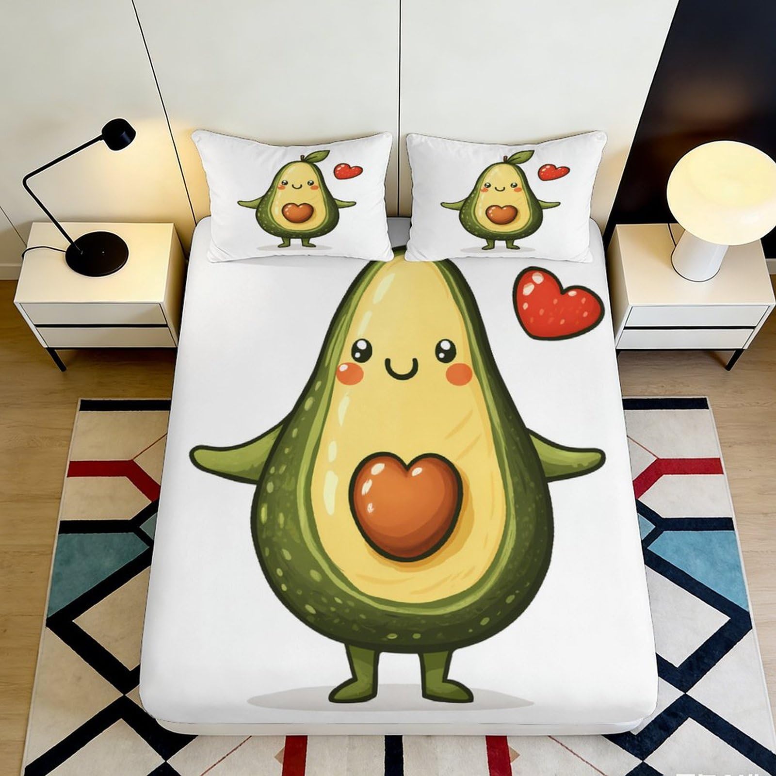 3D Printed Avocado Cartoon Fitted Sheet Microfiber Anti-Slip Fun Heart Bed Cover for Bedroom Dorm Decor Easy Care 90x200x25cm