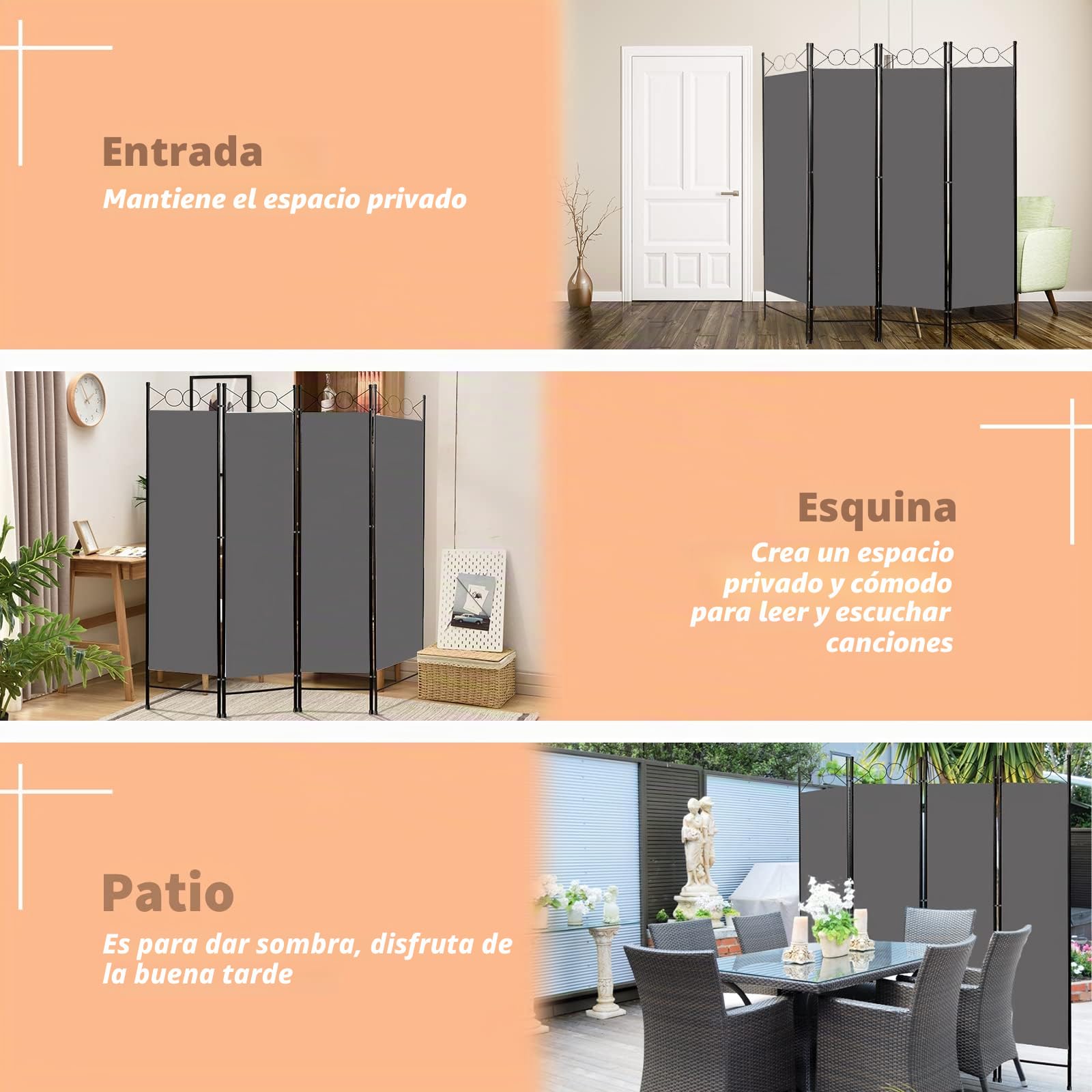 Todeco Biombo Interior Gris 4 Paneles 160x180cm | Separador plegable poliéster, pantalla privacidad espacios, apto oficina estudio hogar, fácil plegado almacenamiento