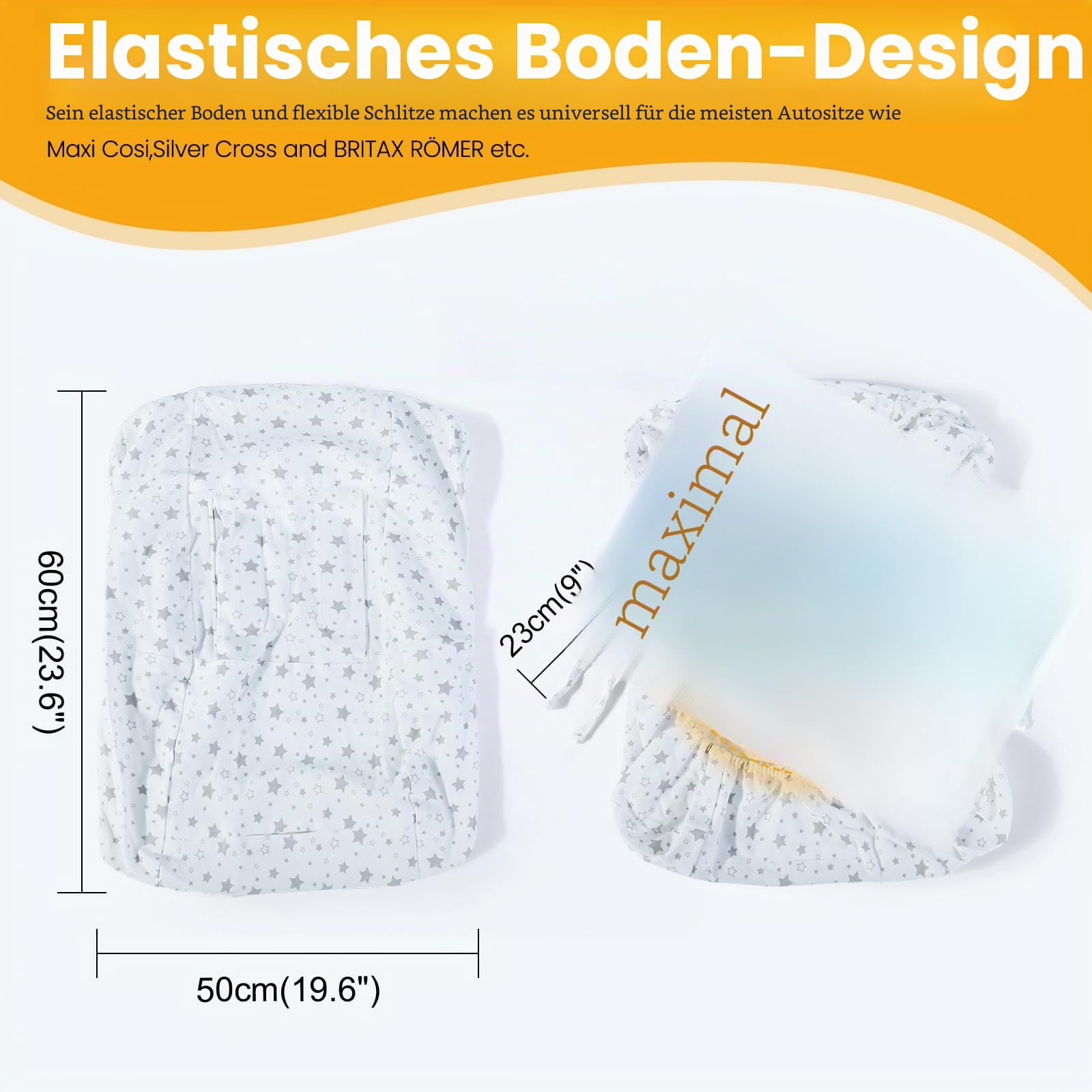 Orzbow Sommerbezug für Babyschale, Universal Schutzbezug aus 100% Baumwolle, für Babyschale (z.B. Maxi Cosi, CabrioFix, Pebble), Atmungsaktiv gegen Schwitzen, Maschinenwaschbar (Weiß Sterne)