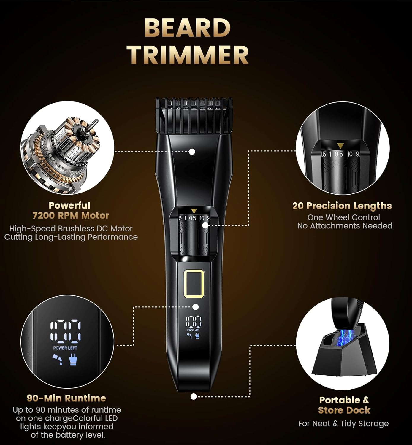 Men's Beard Trimmer-All-in-One Mustache Trimmer for Men with 20 Length Adjustable, Stainless Steel T-Blade for Precision Facial Hair Trimming Cordless IPX7 Waterproof Wet/Dry Clipper,LED Display - Image 2