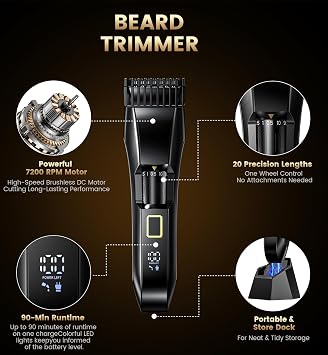 Men's Beard Trimmer-All-in-One Mustache Trimmer for Men with 20 Length Adjustable, Stainless Steel T-Blade for Precision Facial Hair Trimming Cordless IPX7 Waterproof Wet/Dry Clipper,LED Display