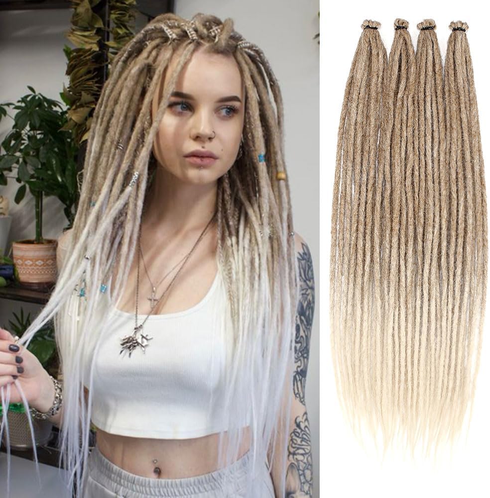 KRALER Thin Ombre Brown to Blonde Dreadlocks Extensions 22" 0.6cm Synthetic Crochet Braided Hair Backcombed Dreads Extensions(10 Strands)