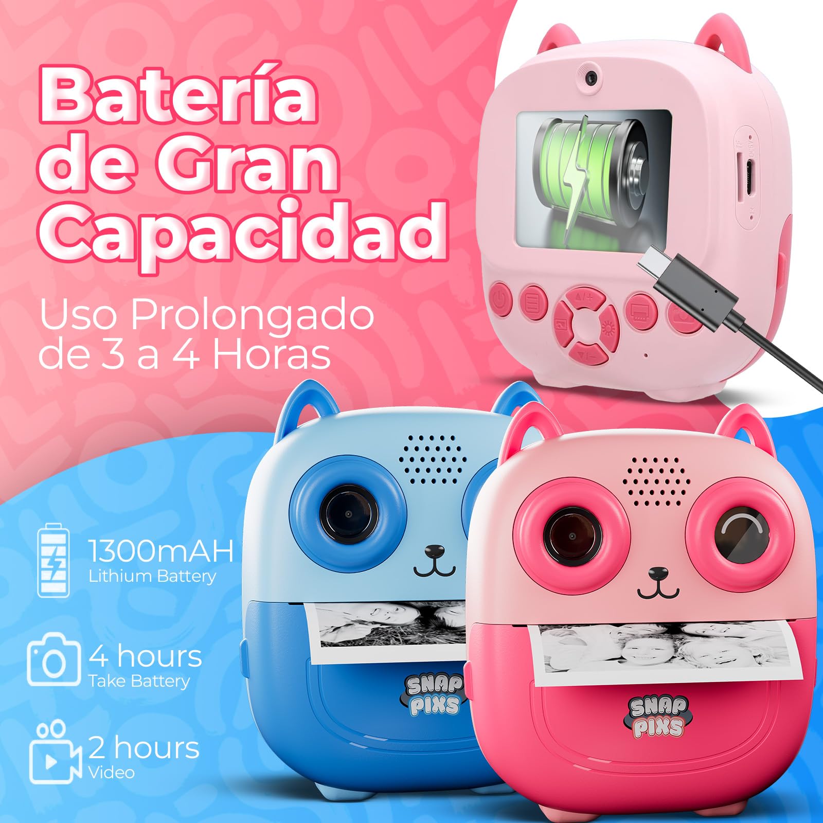 SnapPix Cámara Fotos Infantil Instantánea con Papel de Impresión y Tarjeta SD, 20MP, Cámara de Fotos para Niños, Regalo para Niños de 3 a 14 años (Azul y Rosa) (Rosa)