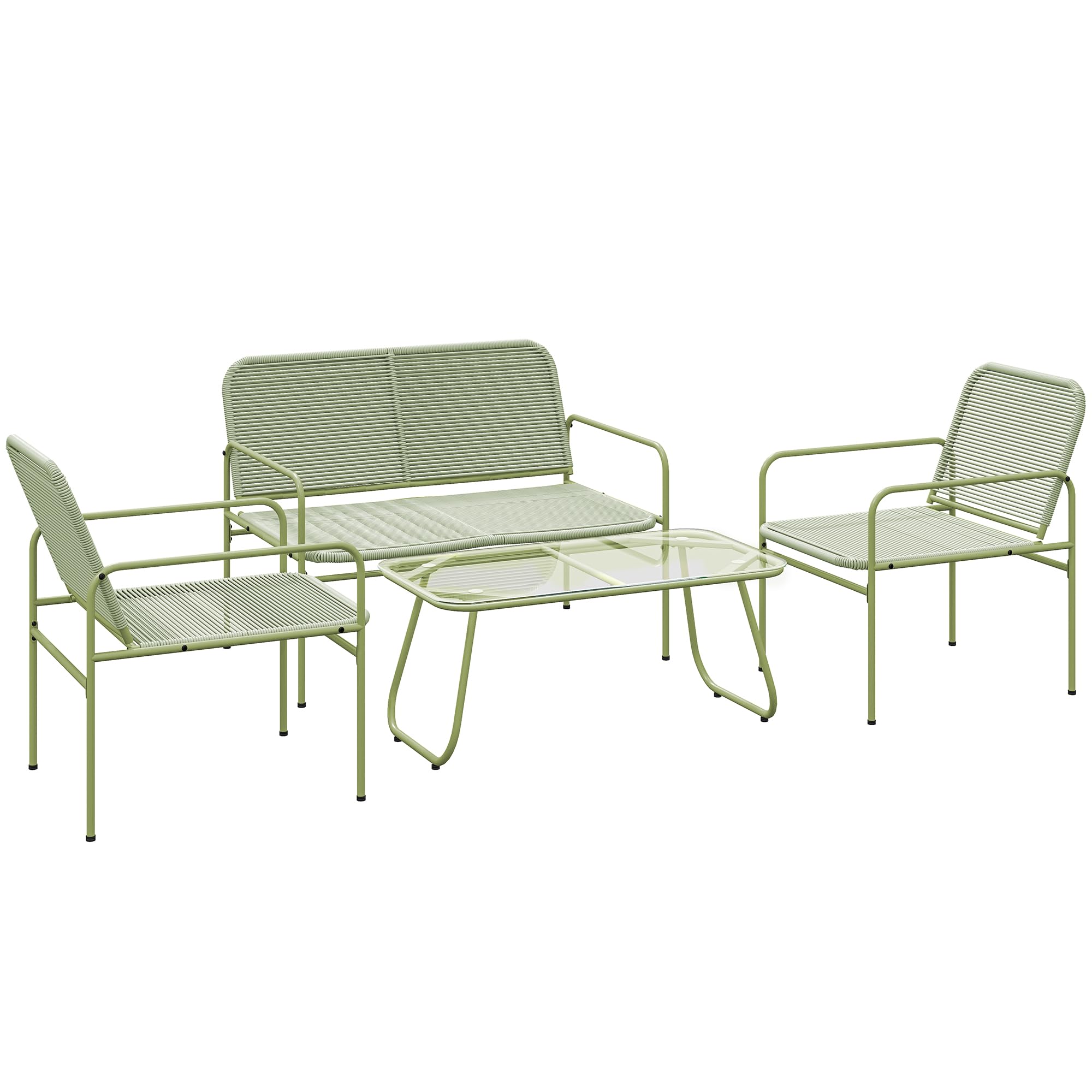 Outsunny Set Mobili Giardino Rattan 4 Pezzi Salotto Esterno Divanetto 2 Posti Poltrone Tavolino Caffè Vetro Verde