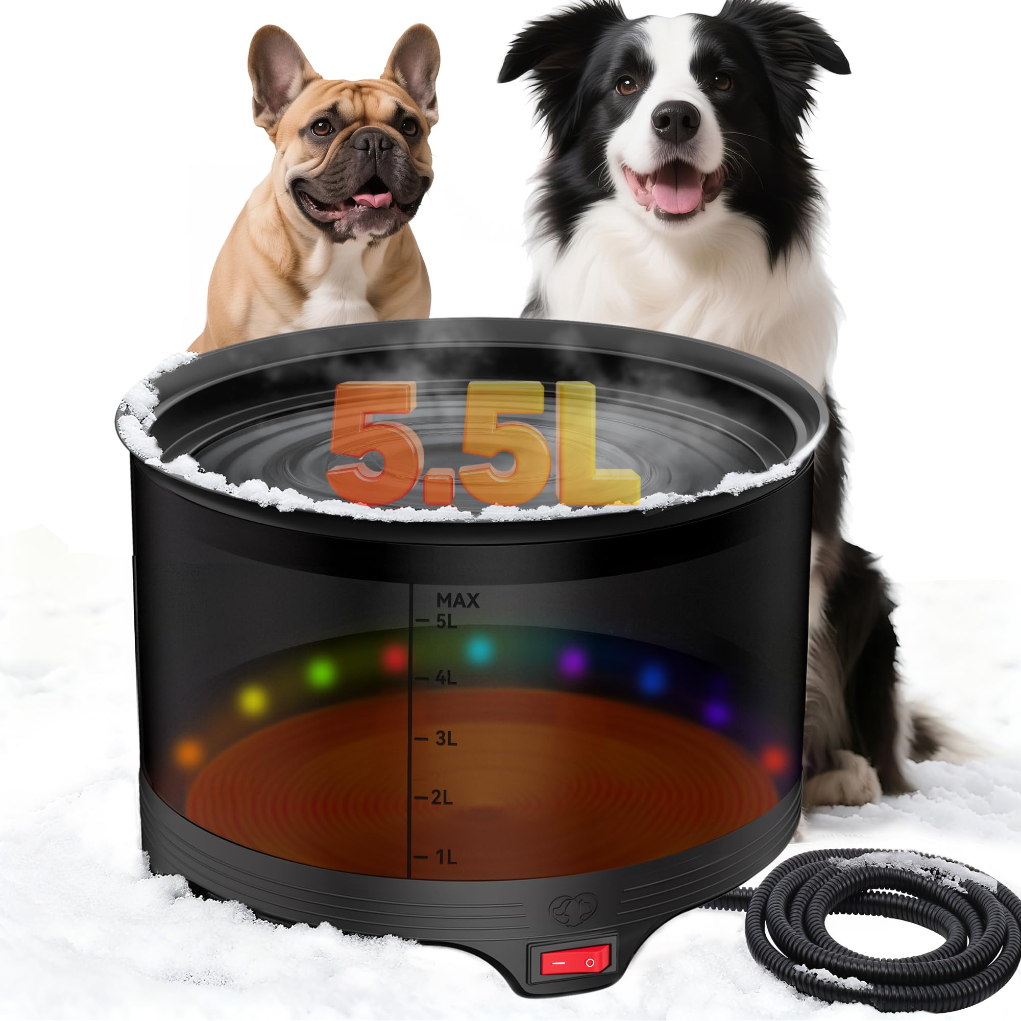Cuenco de agua caliente de 5.5 L, cuencos grandes de invierno de 1.45 galones para perros para exteriores, cuenco de agua impermeable para mascotas con cable de alimentación resistente a las