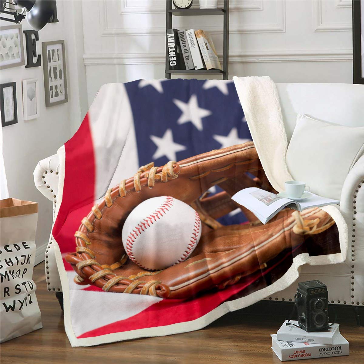 Coperta Morbida 127x152 Cm Con Bandiera Americana E Guanto Da Baseball – Pile Di Microfibra 3D – Per Bambini E Adulti – Regalo Originale - 4