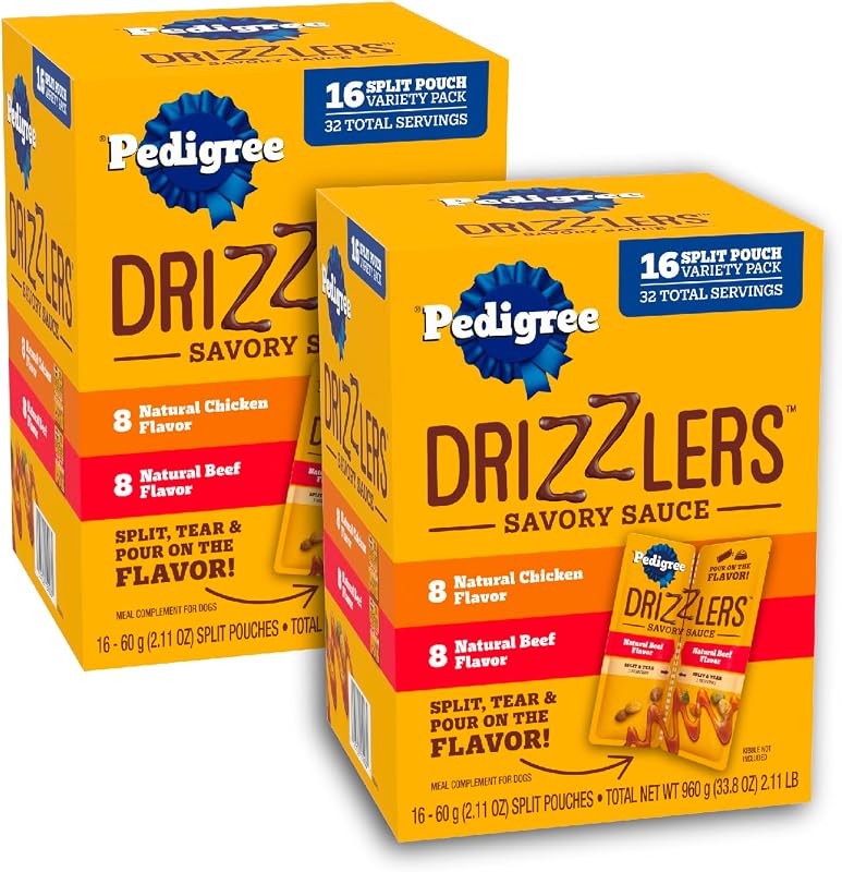 Pedigree Drizzlers Savory Sauce Wet Dog Pouch, Multipack, 16 Count, 2-Pack | Chicken & Beef flavors, 4 calories per serving, 8 ingredients, dual-serving split pouch, maintains kibble crunch