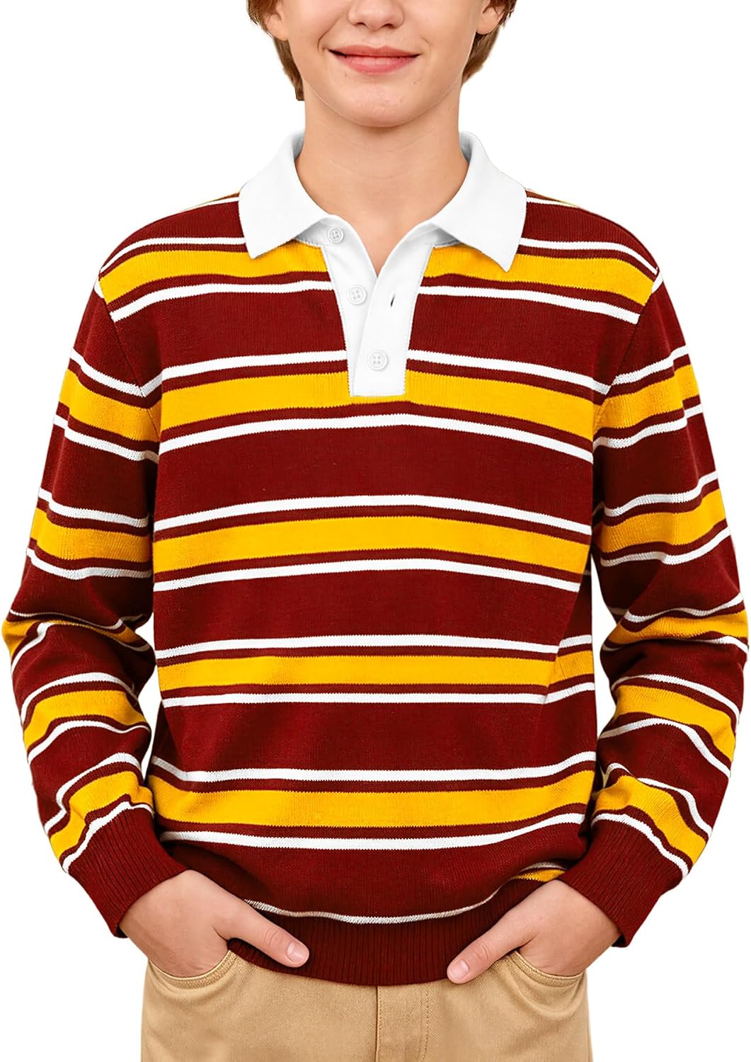 Boys Striped Rugby Polo Shirt Long Sleeve Cable Knit Uniform Shirts