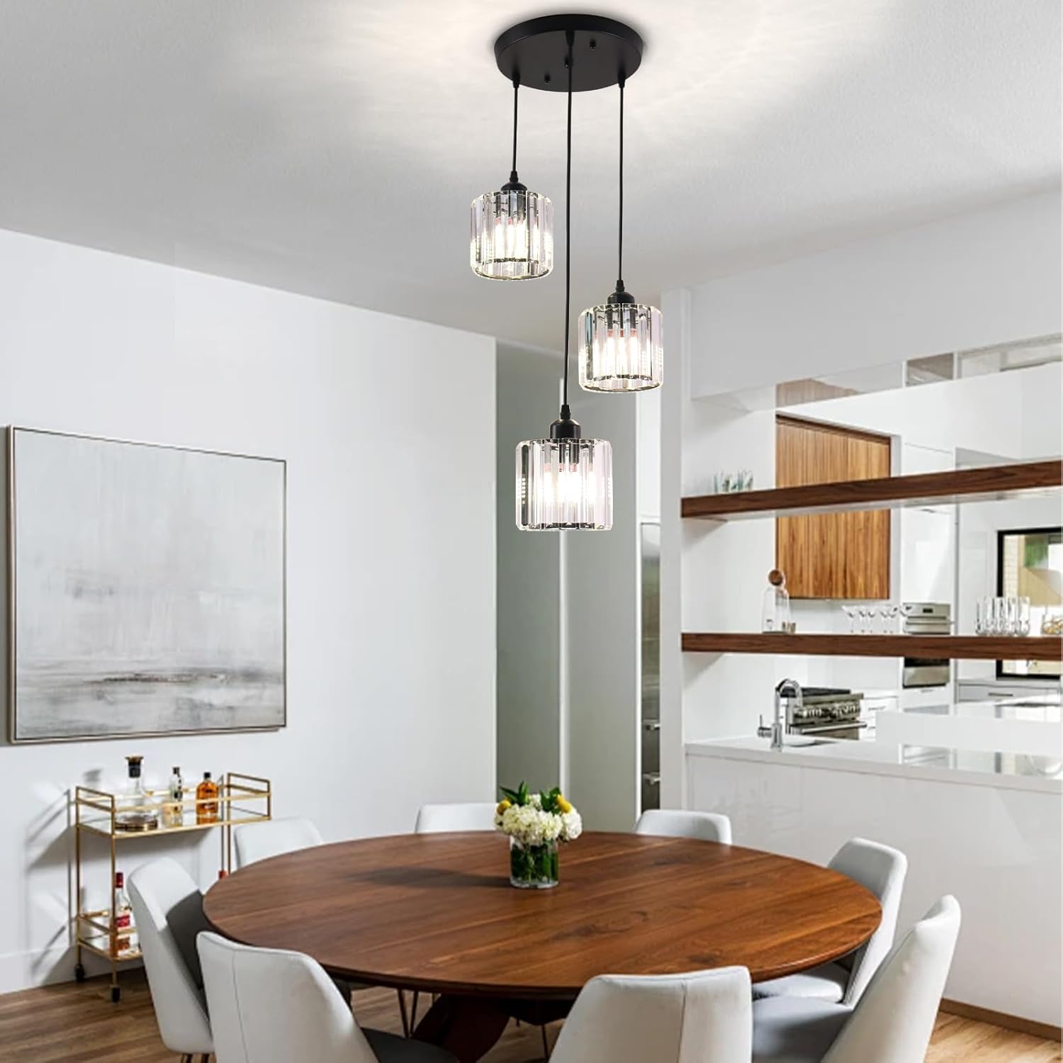 Modern Crystal Chandelier Round Ceiling Pendant Lights, Height Adjustable Crystal Hanging Light Fixtures for Kitchen Island, Chandeliers for Dining Room,Foyer,Living Room Entryway Black (3 Lights)