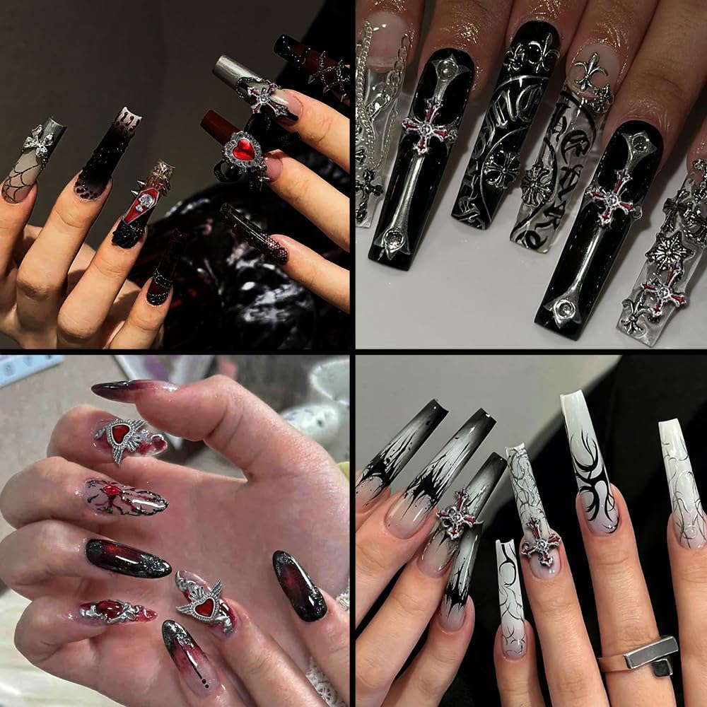Y2K 3D Chrome Gem Nail Charms - Black Gothic Set with Cross, Heart, Tombstone, Red & Retro Designs - DIY Bracelet Charms（Black） (Black+Silver)
