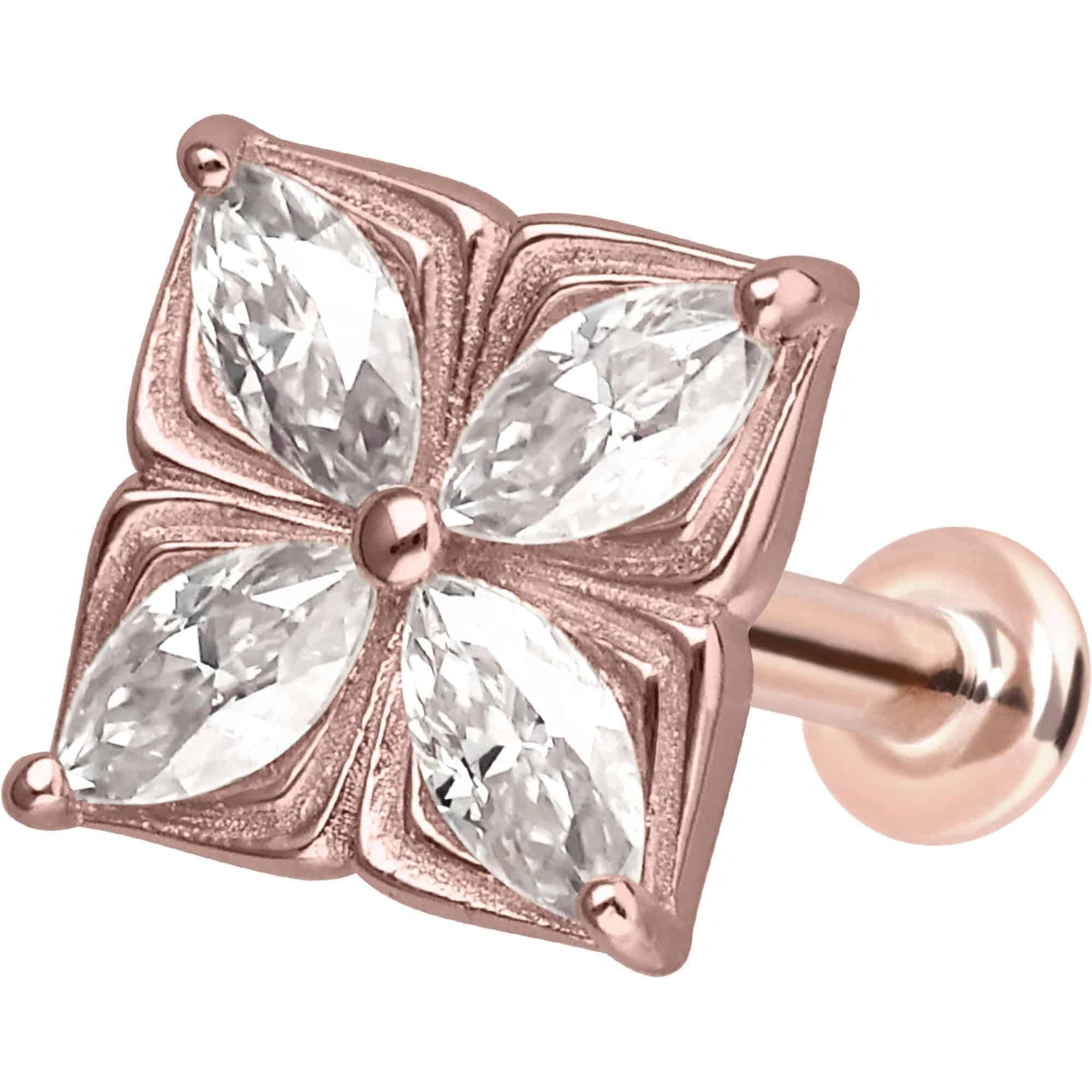 PIERCINGLINE Piercing Stecker 14 Gold Labret mit Push Fit MOISSANIT-BLUME 585er Gold - Roségoldfarben, Goldfarben, Silberfarben