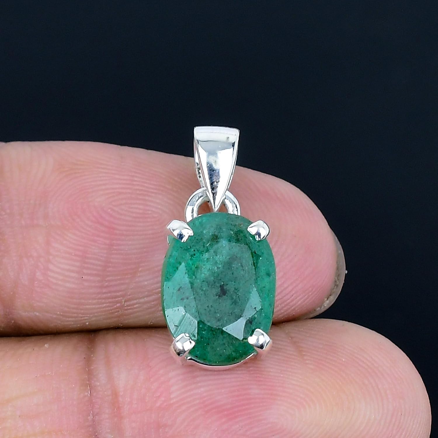 925 Sterling Silver Oval Cut Natural Emerald Gemstone Pendant, Prong Set