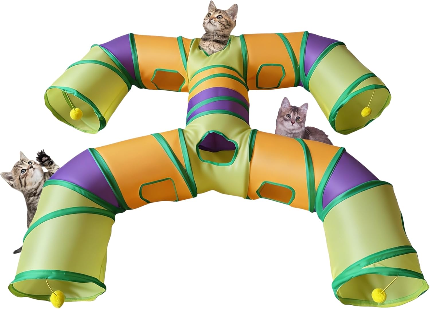 Foldable H-Shaped Cat Tunnel Toy with Interactive Playing Balls - 4 Exits for Cats, Kittens, Rabbits & Small Pets Collapsible Play Tube for Indoor Fun & Exercise (Blue Black)