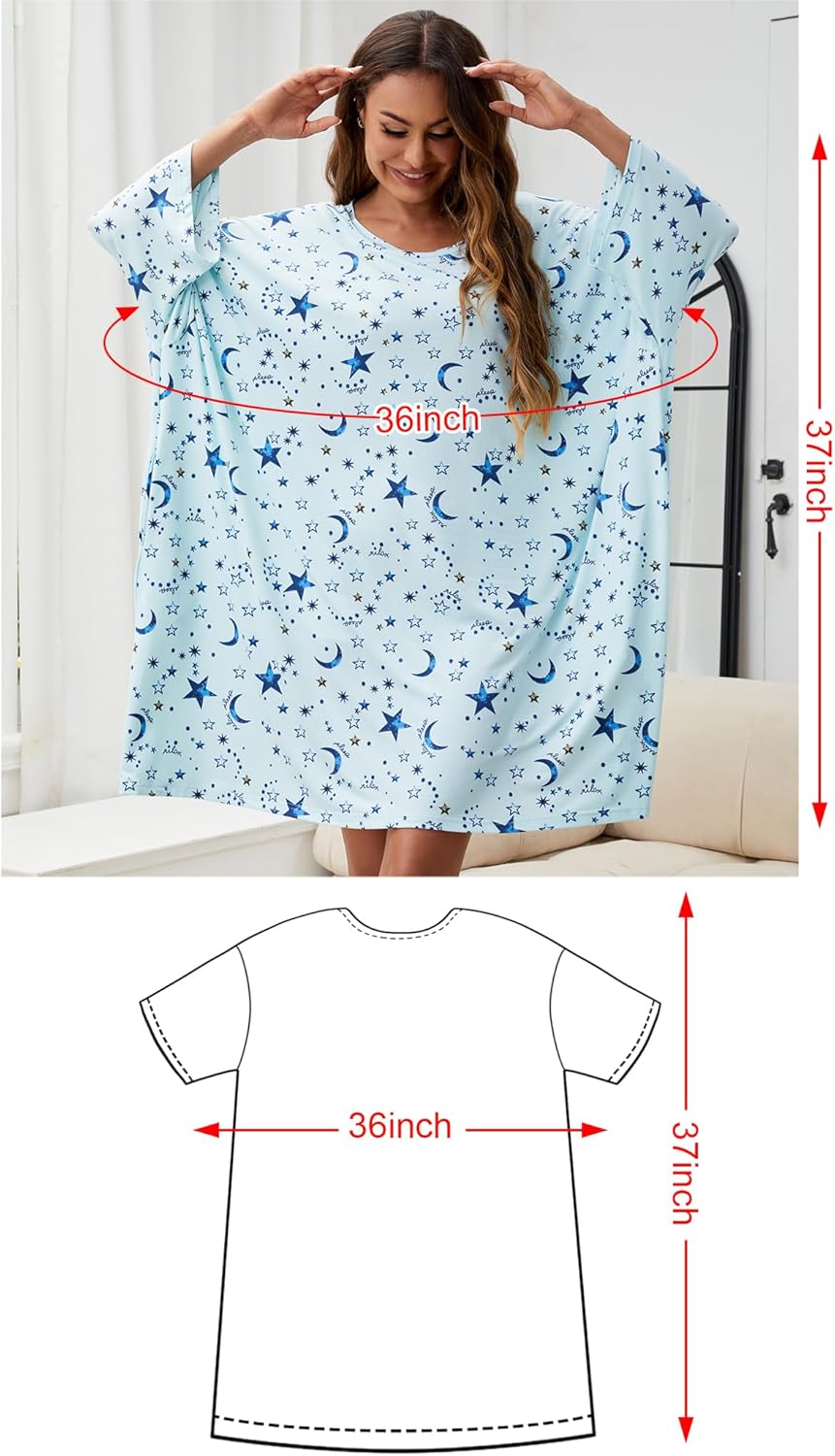 Chunoy Women Oversized Nightgown Short Sleeve Sleepwear Dress with Pockets - Image 6