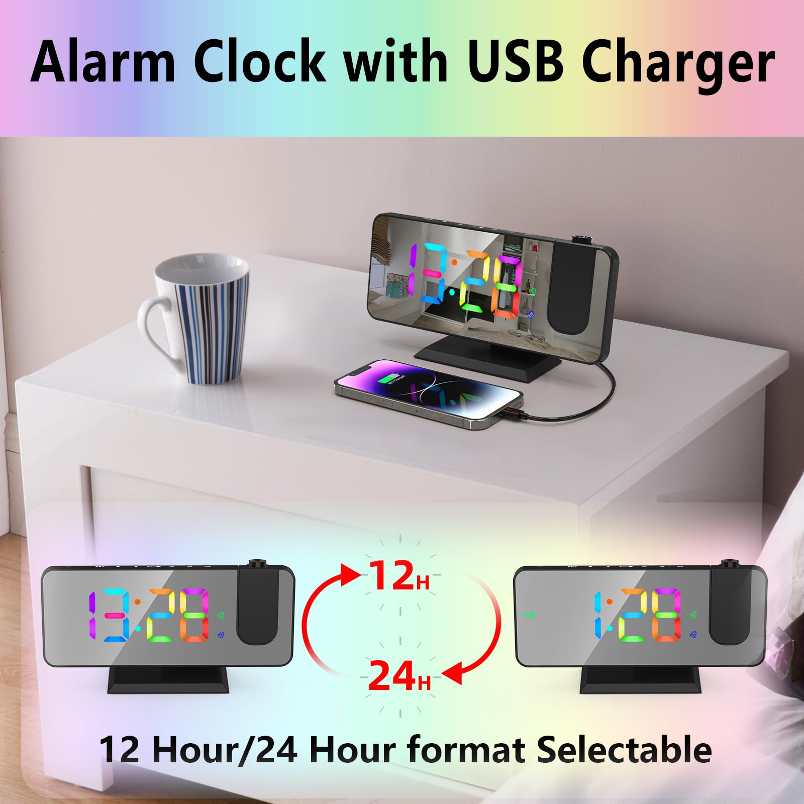 ThreeH Sveglia a Proiezione con 11 Colori RGB Cambiano Display LED a Specchio Orologio Digitale con porta di Ricarica USB Funzione Snooze 6 livelli di Luminosità Regolabile Nero
