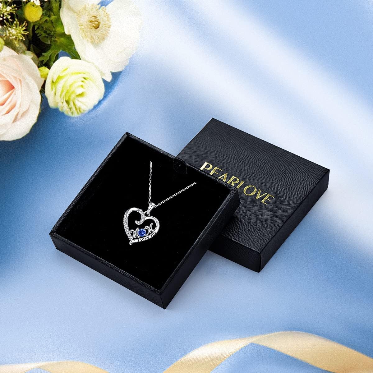 Love Heart 925 Sterling Silver Necklace, Gold Plated Birthstone Pendant Mom Necklaces with Cubic Zirconia for Mother Women