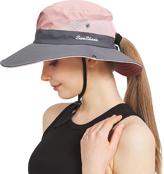 NPQQUAN Ponytail Sun Bucket Hats for Women Men Wide Brim UPF 50+ Fishing & Beach Hats