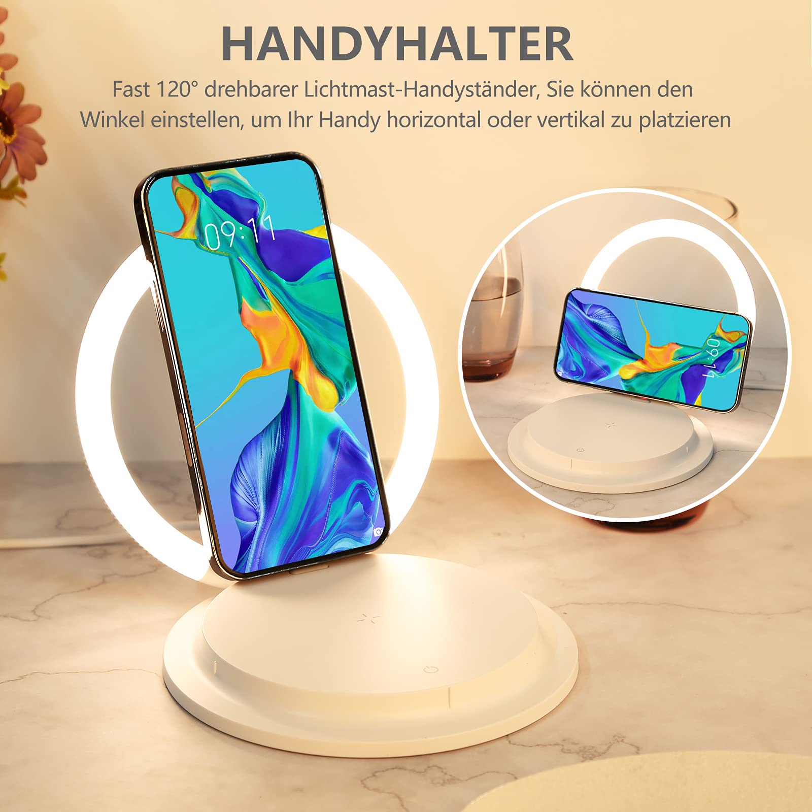 HTU Lampada da comodino a LED Touch dimmerabile con caricatore senza fili, moderna lampada da scrivania con 3 livelli di luminosità per bambini, luce notturna con supporto USB per cellulare