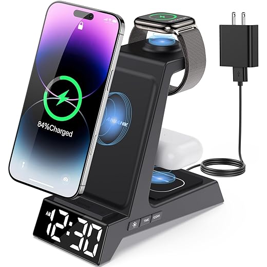 ANJANK 4 in 1 Wireless Charging Station Alarm Clock, Charging Dock for Apple Devices, Charger Stand