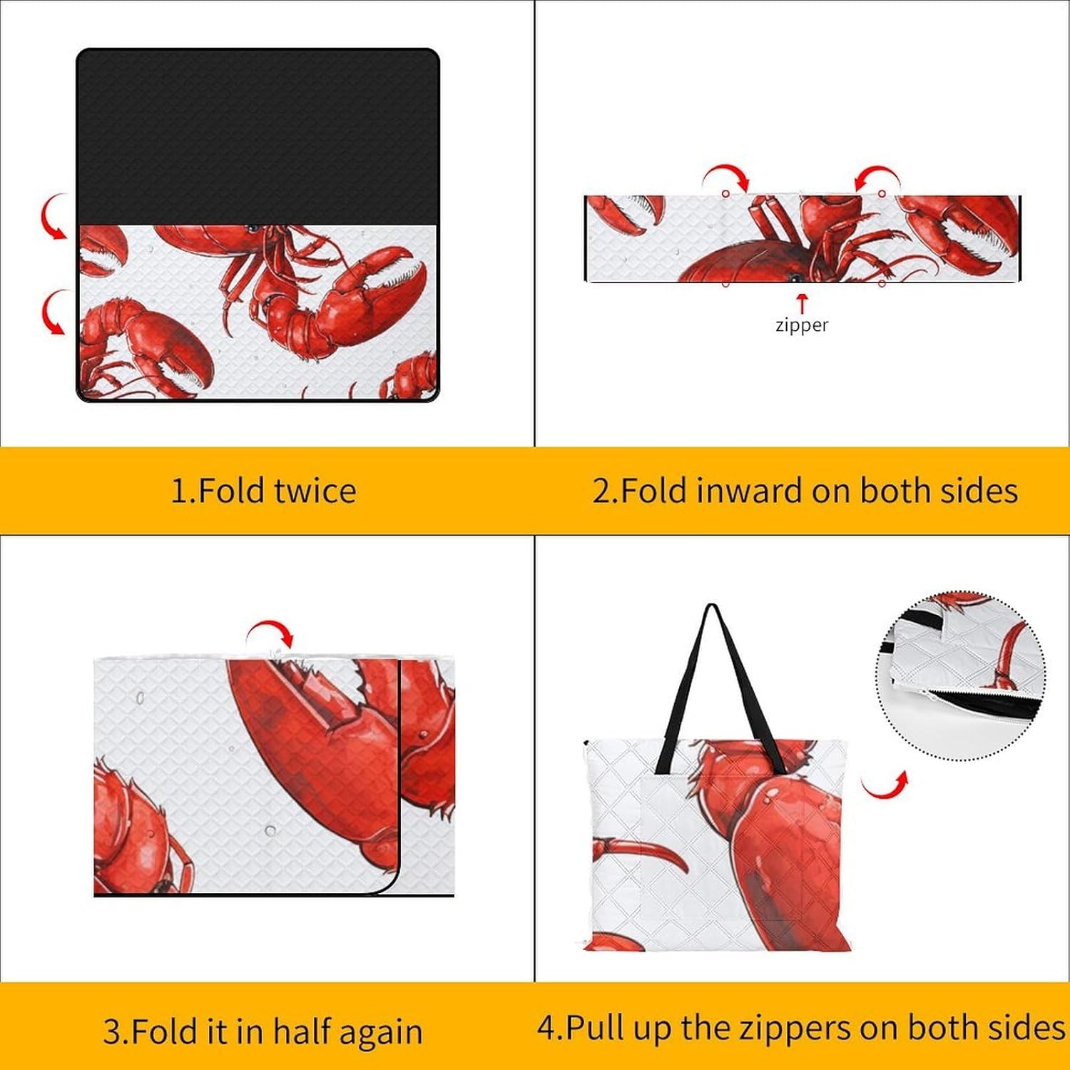 Red Lobster Print Picnic Blanket 200x200cm, Foldable 2-in-1 Picnic Mat and Tote Bag Portable Waterproof Beach Mat Sandproof Outdoor Blanket for Park, Hiking, Beach, Camping, Travel