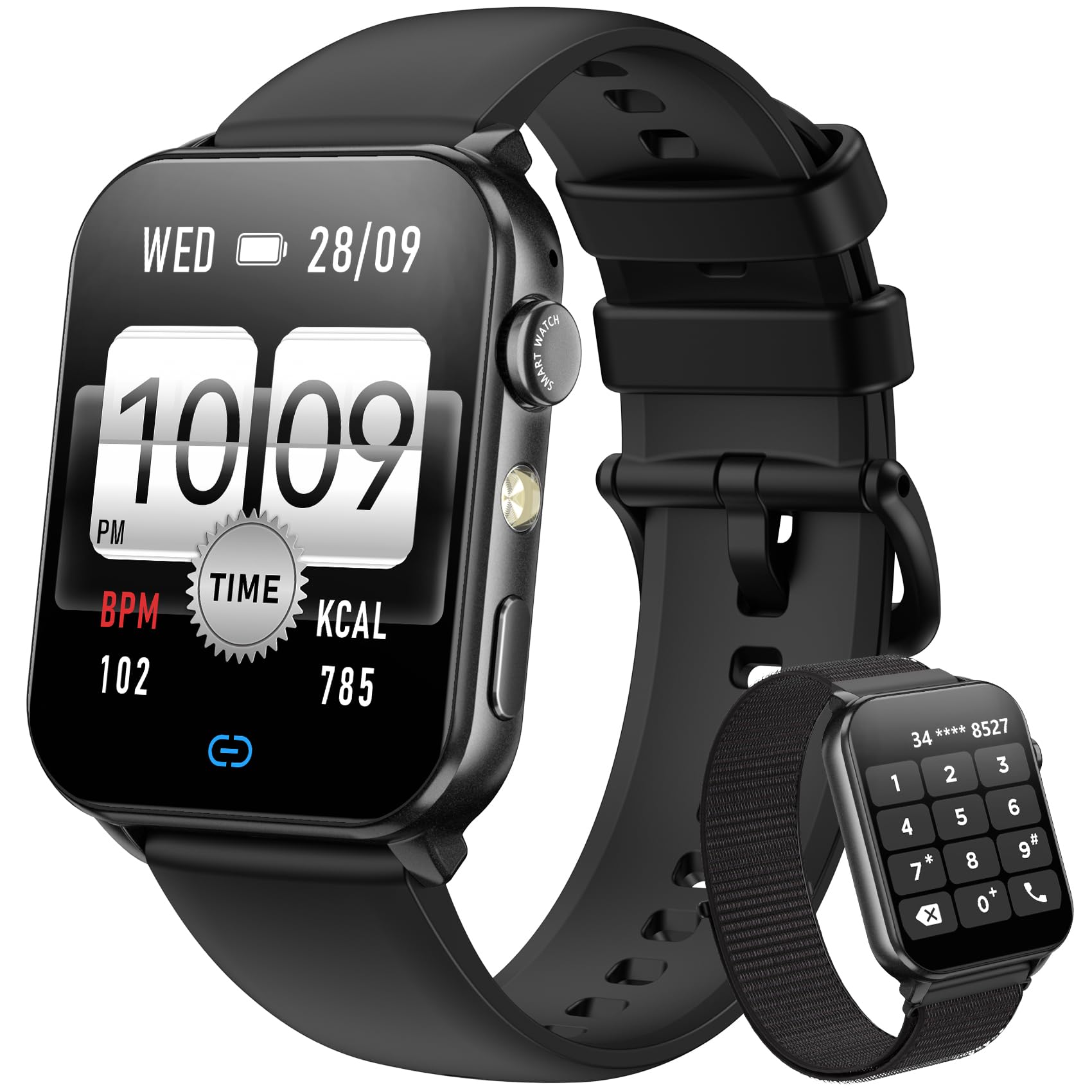 Blackview Smartwatch Herren Damen, Bluetooth-Anrufe/LED-Leuchten/2 Armbänder (Silikon/Nylon), Sportuhr mit Puls-Schlaf-Schritte-Kalorien-Kilometer-Monitor, 350mAh (6+ Tage), Fitnessuhr für Android iOS