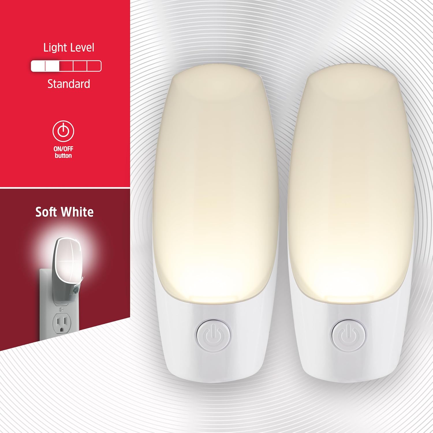 Energizer Manual On/Off LED Night Light Plug-in, Push Button, Compact, Contemporary, for Bedroom, Livingroom, Hallway, Bathroom, Nursery, Basement, White, 84135, 2 Pack
