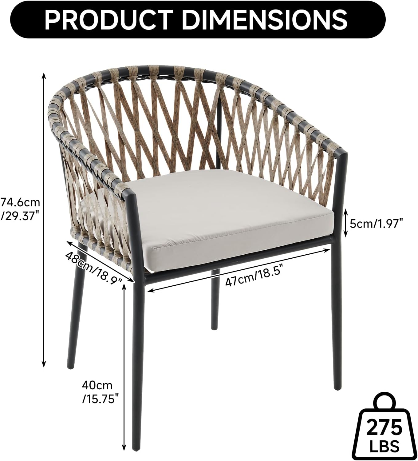 Patio Dining Chairs Set of 4, Outdoor Rattan Wicker Chair with Armrest and Cushions, All-Weather Bistro Chairs with Curved Back for Garden, Backyard, Porch, Poolside, Deck, Gray