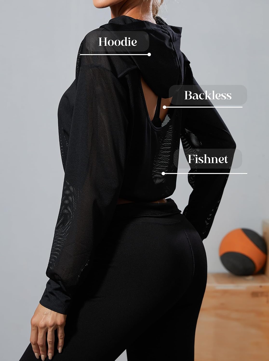 Remidoo Women's Open Back Mesh Cropped Hoodie Long Sleeve Workout Top