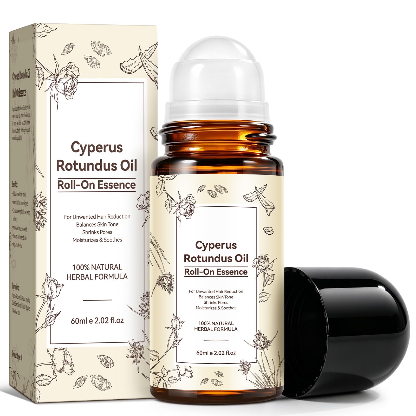 Cyperus Rotundus Oil Roll-On for Hair Reduction – 100% Natural Rollerball Oil to Reduce Unwanted Body Hair, Balance Skin Tone, Shrink Pores, Moisturize & Soothe Skin – Safe for All Types (2.02 oz)