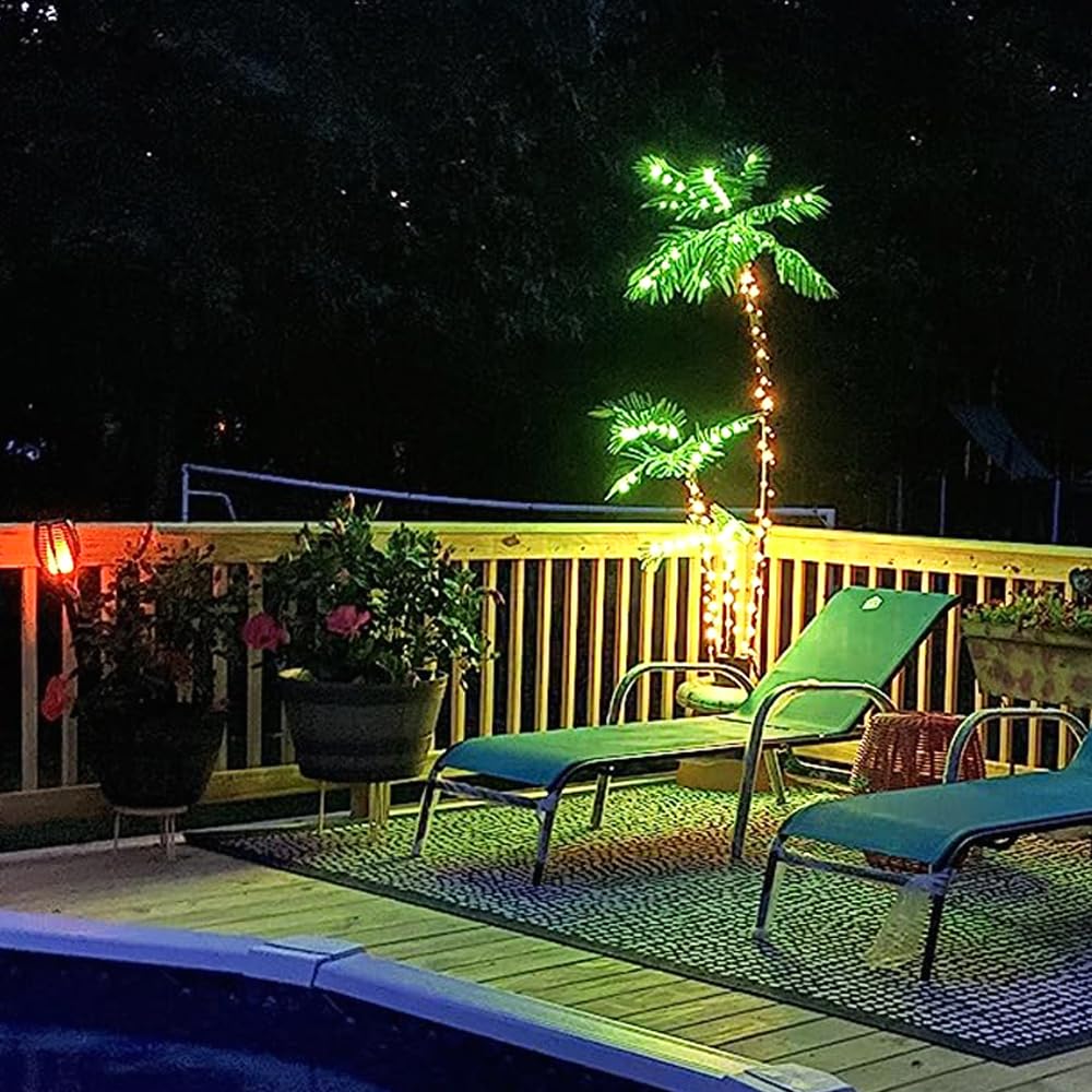 Beleuchtete künstliche Palme,180CM beleuchtete Weihnachtspalme Dekoration,LED-Beleuchtung im Freien gefälschte Baum Lichter für Patio Pool Veranda Deck Tropische Party Tiki Bar