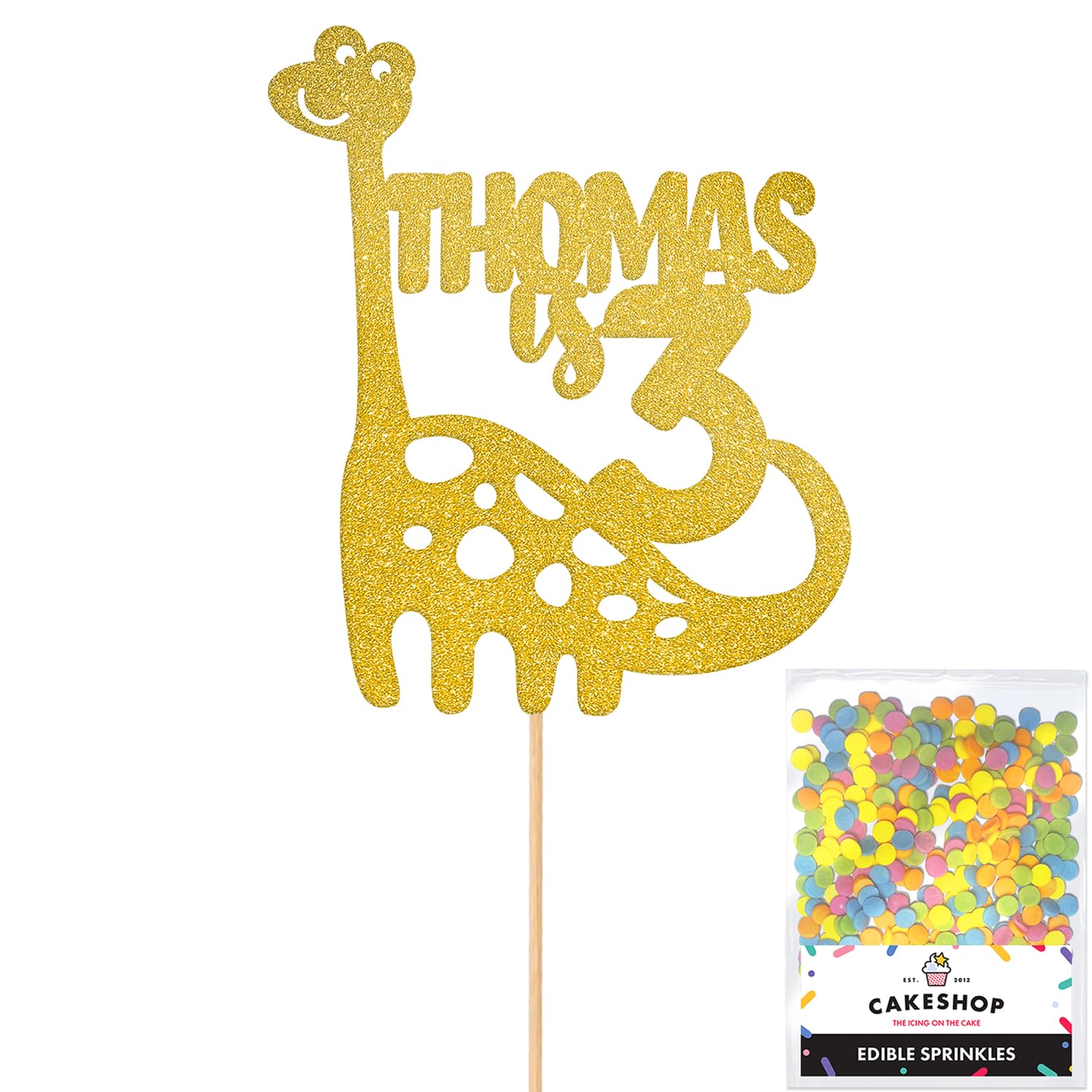 Personalised Birthday Dinosaur Glitter Cake Topper- Gold Any Name & Age Glitter Cake Decoration and Sprinkles - Happy Birthday Decorations - Personalised Toppers for Cakes by Cakeshop — image 1