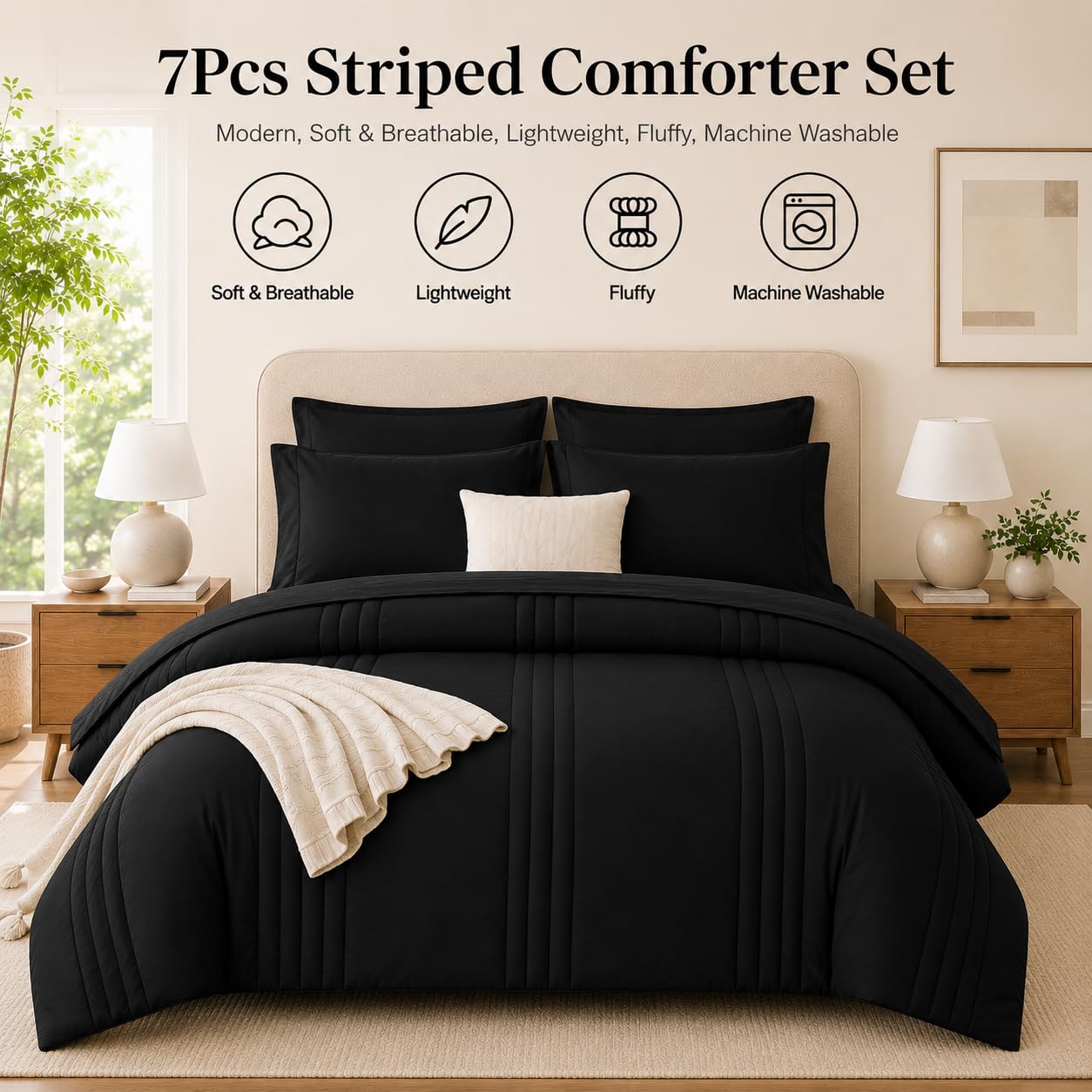 Velorose Queen Comforter Set Black, 7 Pieces Bed in a Bag Queen, Lightweight Mic — product photo