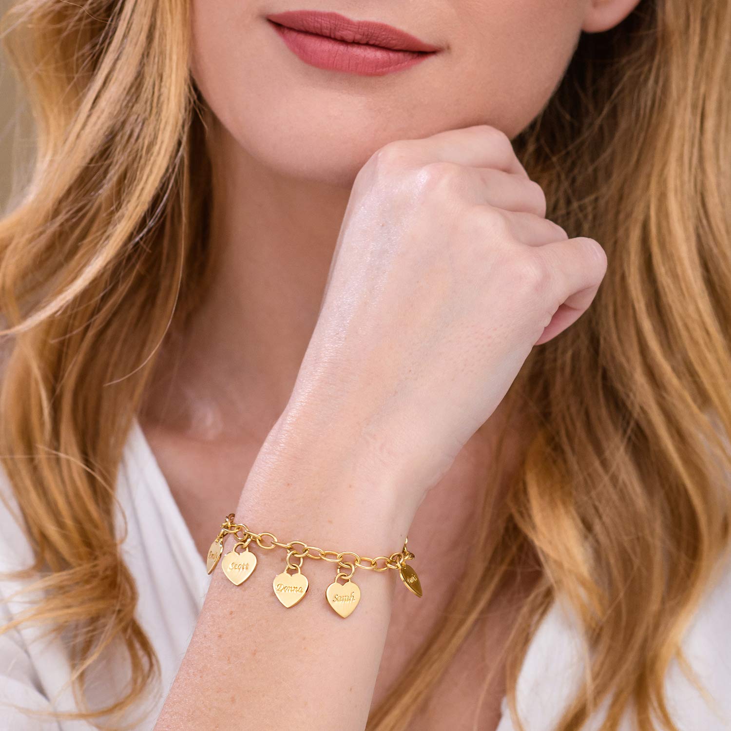 MYKA – Personalisiertes Büroklammer-Armband mit Gravierten Baumelnden Herzform-Anhängern in Sterlingsilber 925 oder Vergoldet