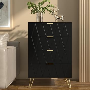 Anbuy 4 Drawer Dresser, Tall Dresser with Drawer & Golden Handles, Wooden Modern Storage Cabinet Chest of Drawer for Bedroom, Living Room, Closet Black
