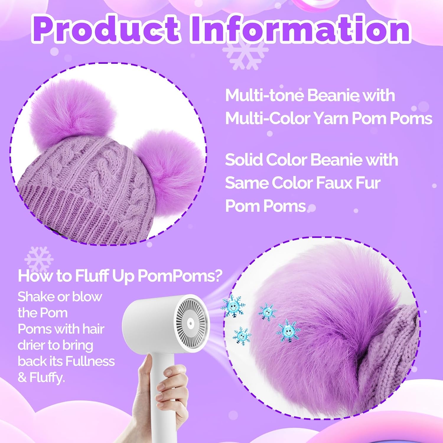 Girls Beanie with Double Pom Pom, Thick Warm Fleece Lined Knit Kids Winter Hat for 3-9 Years - Image 4