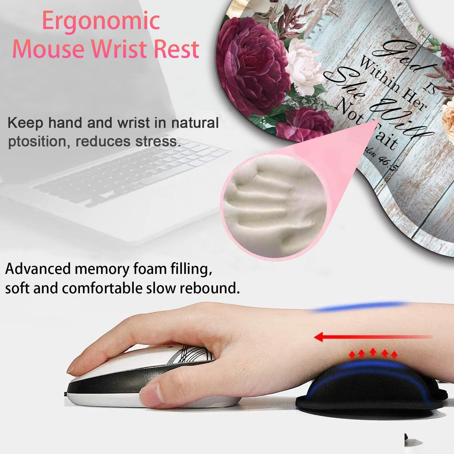 Large Gaming Mouse Pad + Mouse Wrist Rest Pad + Coaster Combination, 31.5 "x 11.8" Durable Non-Slip Extension Table Mat, Suitable for Office and Home, Bible Flower Psalm 46-5