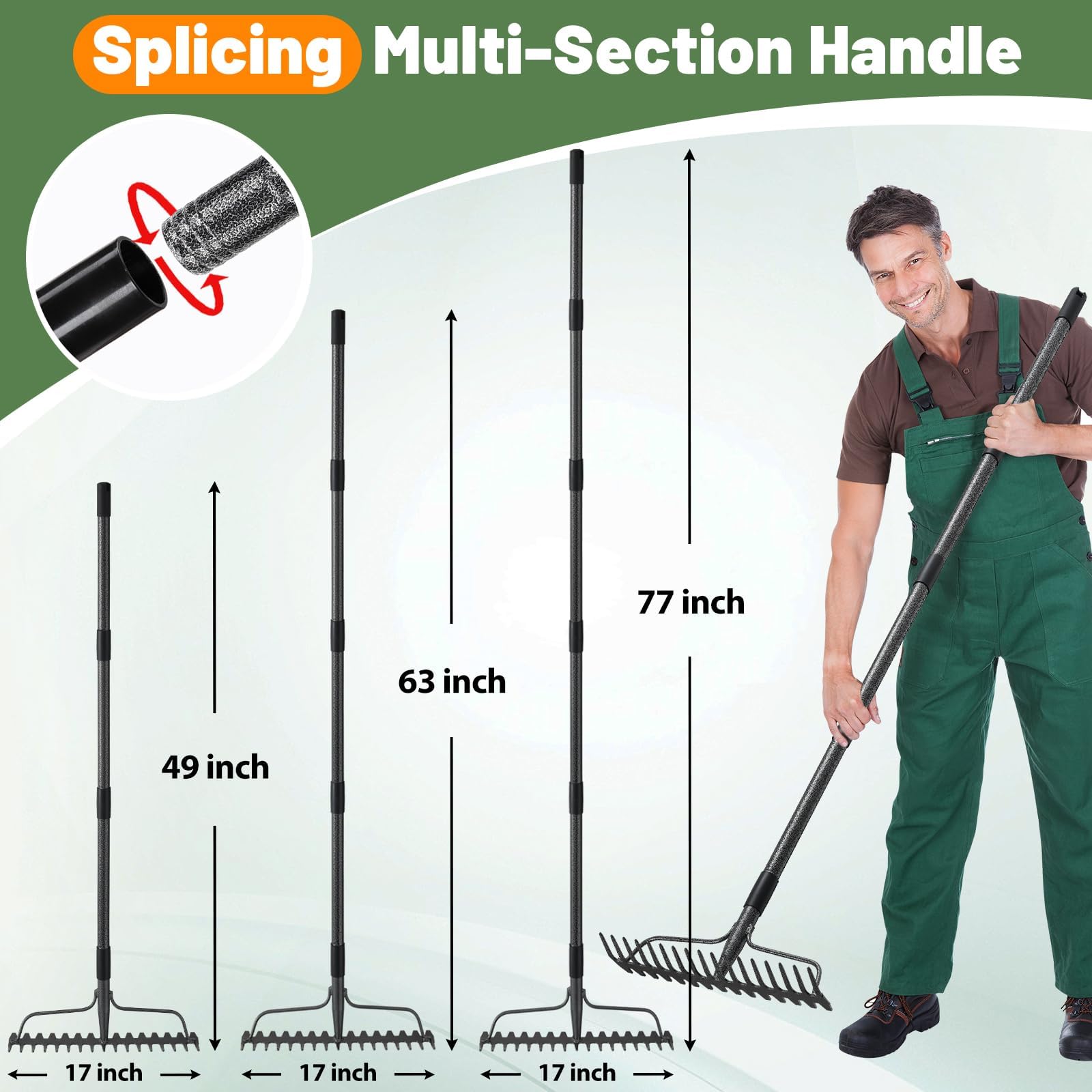 Garden Rake, Bow Rake Heavy Duty with 17 Tines, Garden Lawn Rake with Stainless Steel Handle 150 cm, Metal Rakes Garden Tools - 5