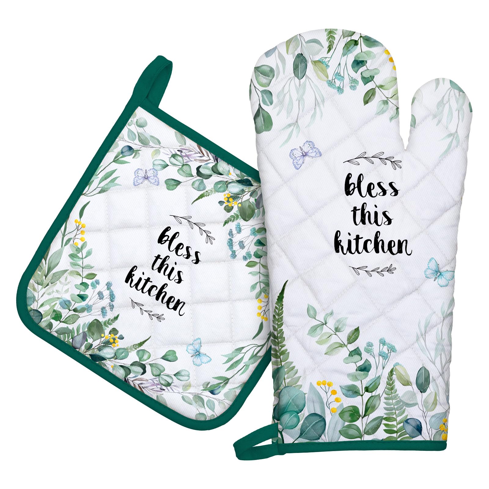Gants De Four & Maniques Lot De 2, 100% Coton Maniques Cuisine Gant Four Anti Chaleur Extra-Longue pour Barbecue, Cuisine, Griller,Micro-Ondes(Feuilles d'eucalyptus)