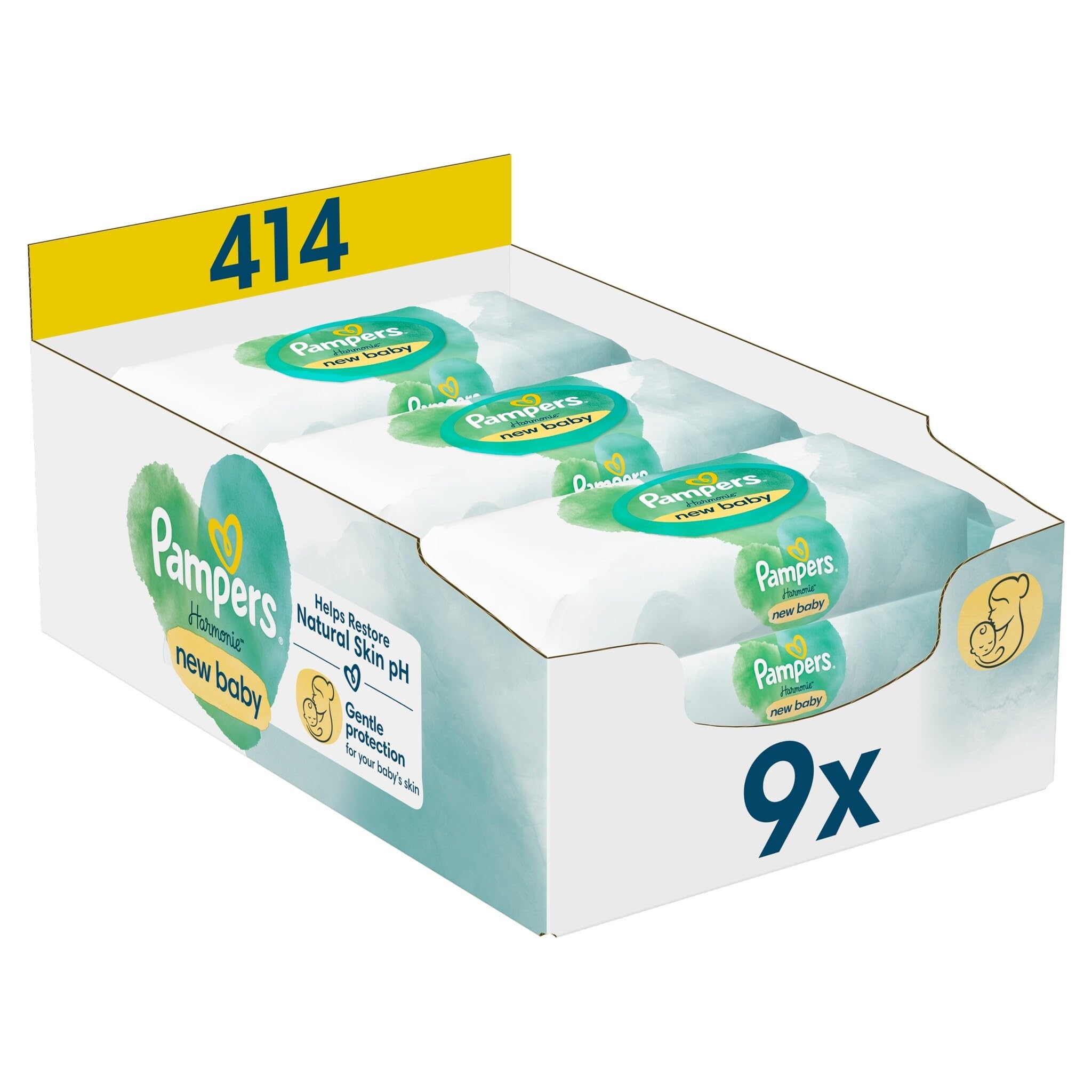 Harmonie New Baby Wipes 9 Packs of 46 Wipes = 414 Baby Wet Wipes, Help Restore Natural Skin pH