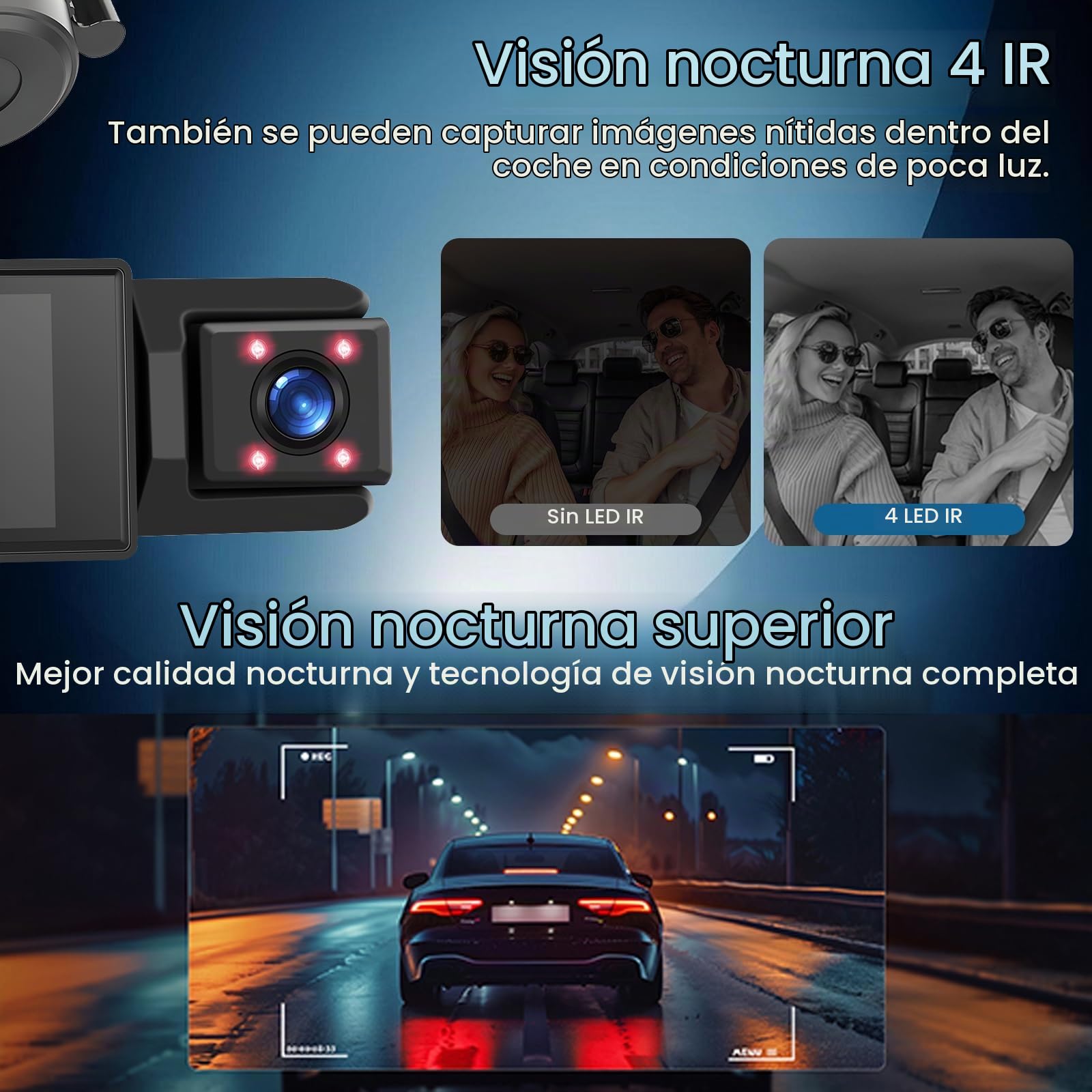 Dashcam Cámara Coche WiFi 3 Canales – Grabación Frontal, Interior y Trasera, Full HD 1080P, Visión Nocturna, Detección de Movimiento, Pantalla IPS 2”