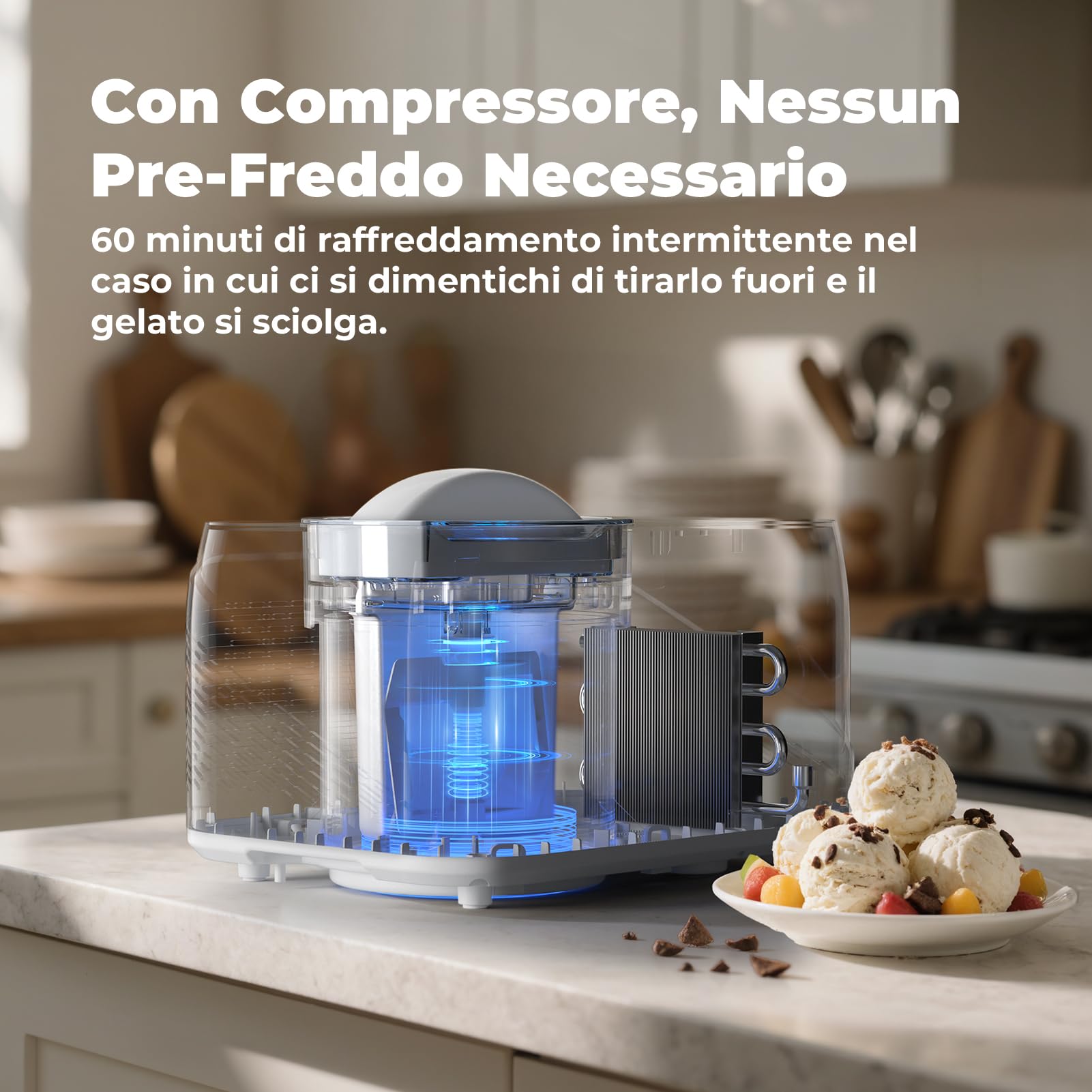 Gelatiera con Compressore 1L, Autorefrigerante Gelatiera per Gelato Professionale, Macchine Gelato con Ciotola Estraibile in Alluminio/Spatola/Tazze Graduate