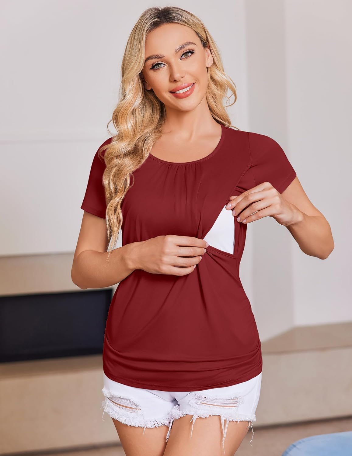 Ekouaer Women's Nursing Tops for Breastfeeding 3 Pack Maternity Shirts Double Layer Pregnancy Clothes Postpartum Tee Shirt - Image 6