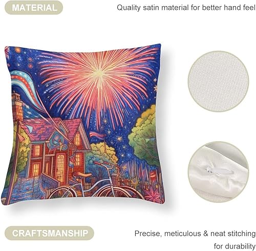 Miniatura 4 de Fundas de cojín patrióticas de satén con diseño de flores coloridas para bicicleta, fuegos artificiales, Día de la Independencia, 4 de julio,