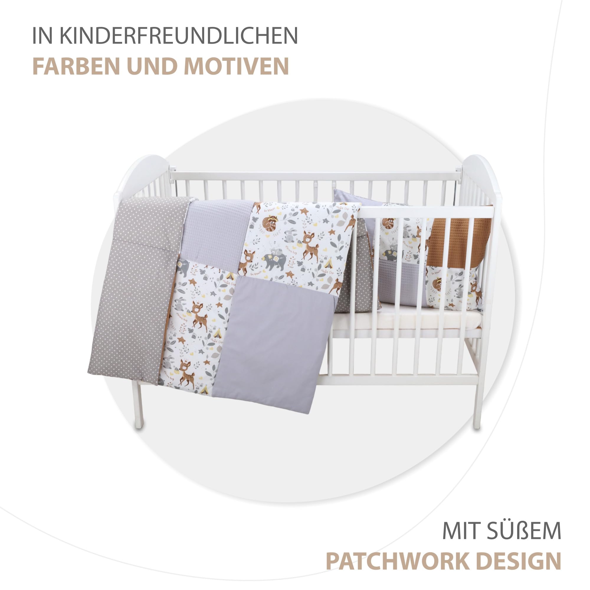 Totsy Baby Kinderbettdecke 100x135 Set mit Kissen - Kinderdecke mit Kopfkissen Kindergarten Bettdecke mit Baumwolle Patchwork Bezug Hirsch Hellgrau