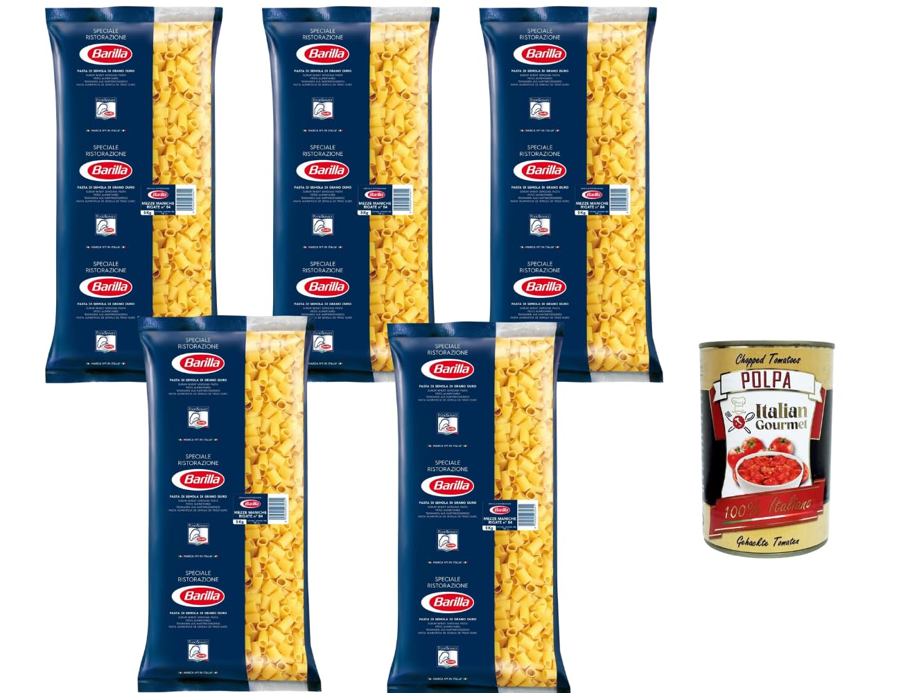 Italian Gourmet Mezze Maniche Rigate pasta Profi Röhrennudeln XL 5 x 5kg | Aus Hartweizengrieß, formato corto cavo; Vorrat für Küche, Großhandel und, Gesamtnettogewicht 25 kg + Kostenlos Polpa 400g