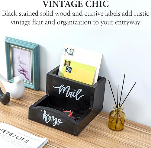 Miniatura 2 de MyGift Urban Modern - Soporte para correo y bandeja organizadora de llaves en acabado de madera maciza teñida de negro, almacenamiento de entrada