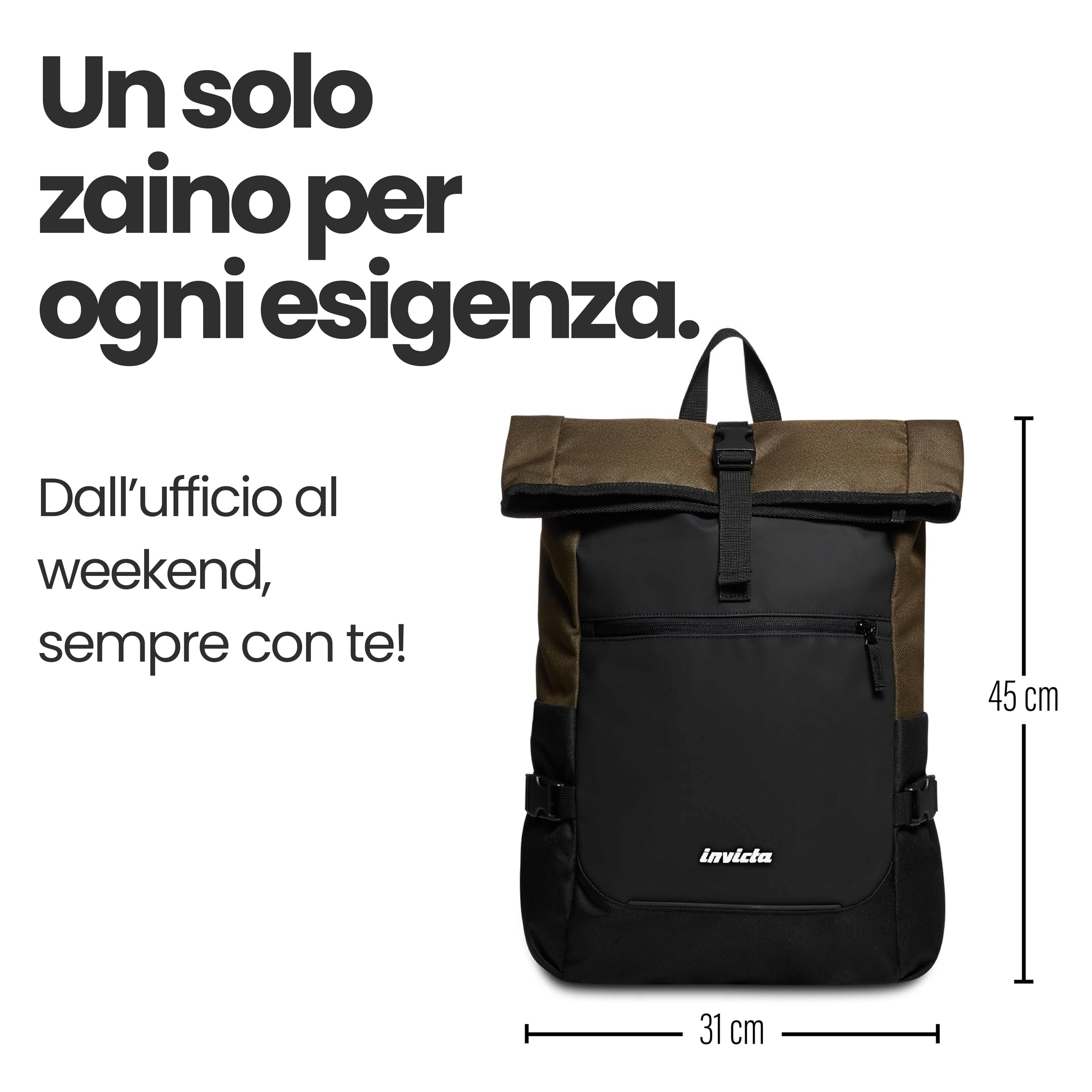 Invicta Zaino INVICTA - INVICT-ACT FOLD - Ufficio, Lavoro, Viaggio & Tempo Libero - Maxi Capienza - Tasca Interna Porta PC - Tasca Porta Borraccia