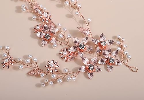Miniatura 2 de Xerling Brides Wedding Hair Vines Rose Gold Leaf Hair Pieces Flower Hair Accessories for Girls Bridal Crystal Headband Pearls (oro rosa)