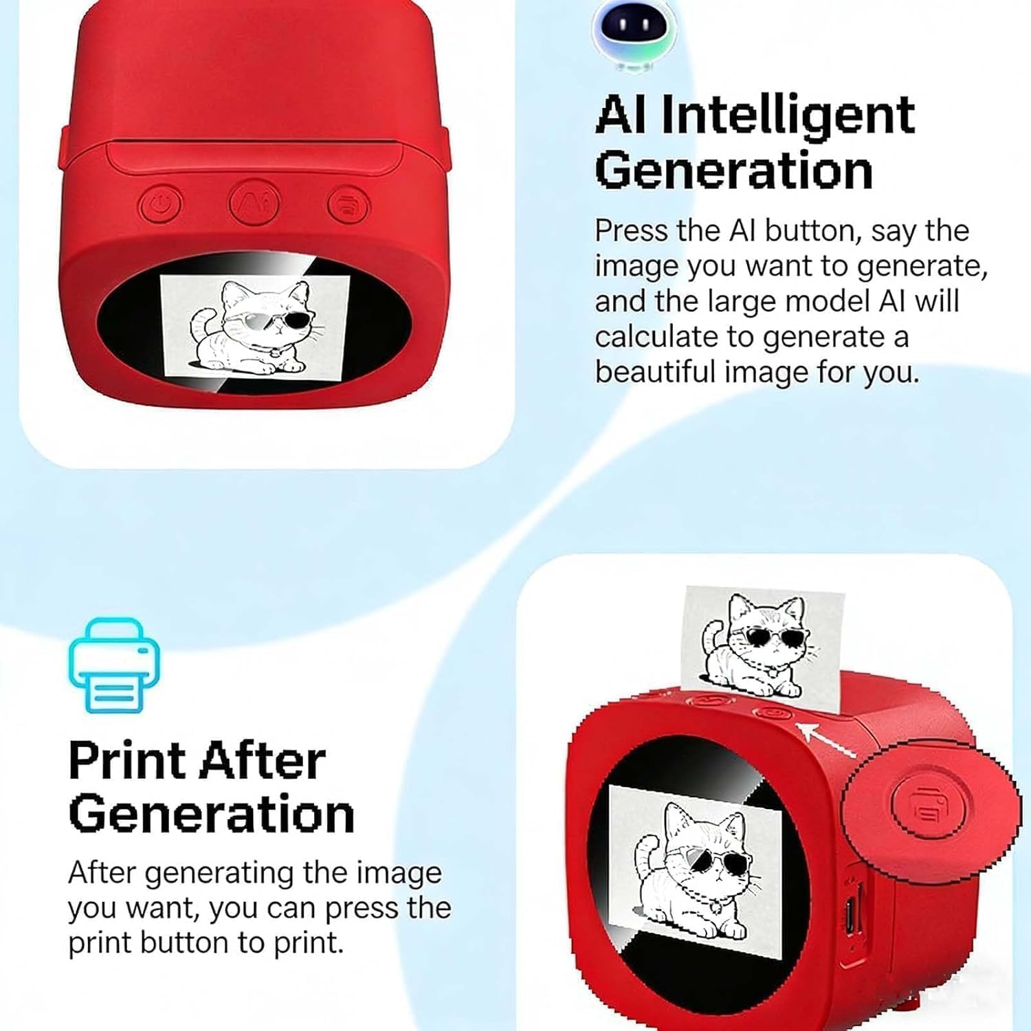 Sticker Printer Box Smart Ai Voice, Mini Stickerbox Printer Thermal Label Printer with Display Inkless Portable Sticker Maker for Home, Office, Study & DIY Projects (B Red)