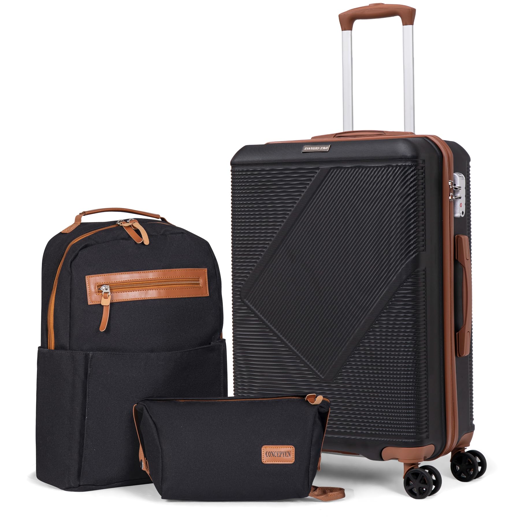 CONCEPTEN Luggage Sets 3 Piece, 20 Inch Carry On Suitcases With Spinner Wheels, Lightweight Travel Luggage With TSA Lock, ABS Hardshell Suitcase (Black)